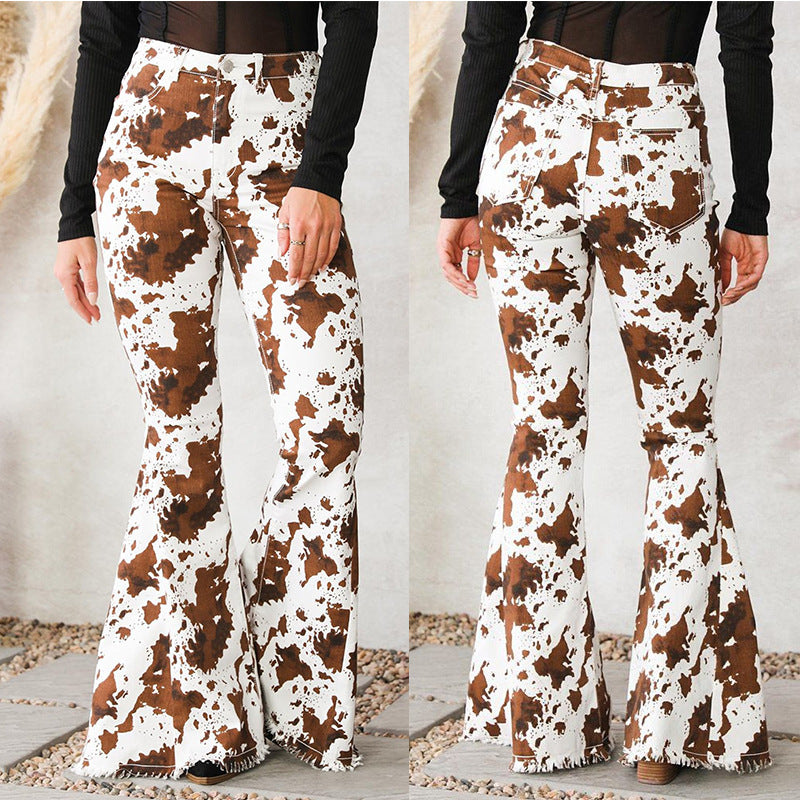 2025 Factory direct sales  new  women's jeans white background printing brown high-waisted flared pants spot wholesale