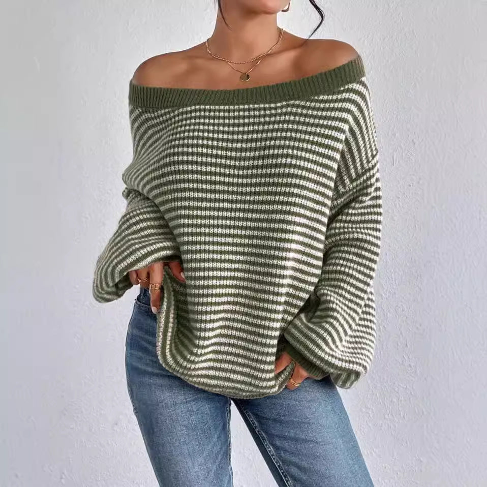 lovwvol fall sweater Off-Neck Sweater Versatile Loose Contrast Color Striped Lantern Sleeve Lazy Style Sweater for Women