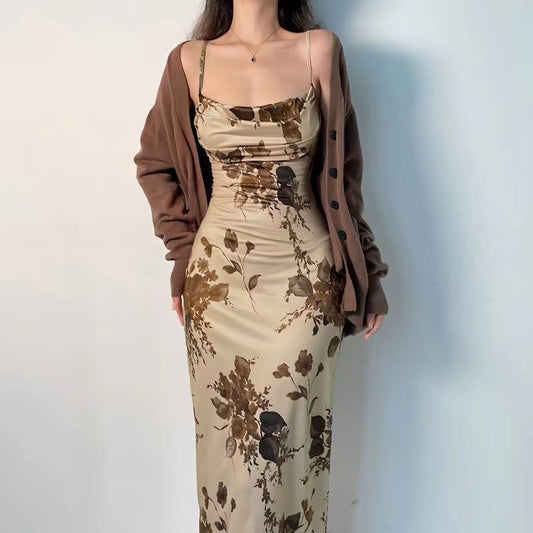 lovwvol y2k outfits French Style Light Mature Artistic Conception Oil Painting Retro Dress Swing Collar Slim Waist Strap Mid-Length Elegant New Chinese Style