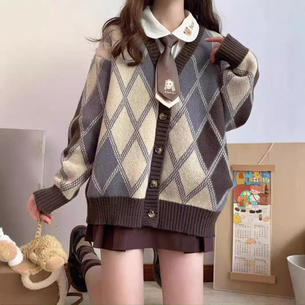 lovwvol fall fits Japanese Retro Rhombus Sweater Women's Autumn and Winter Loose Lazy Style Niche Soft Glutinous Knitted Cardigan Coat