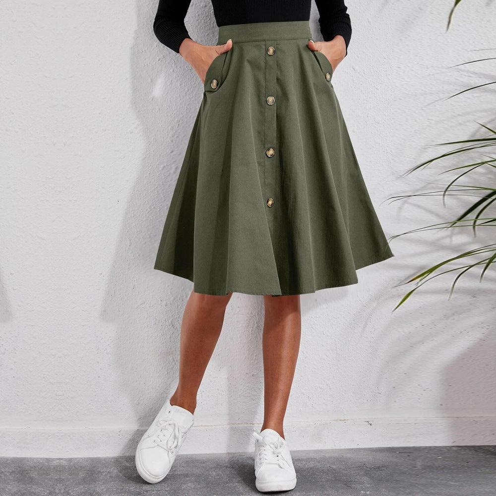 lovwvol work outfits women Women's Pocket Button Waist Elegant Umbrella Skirt French Mid-Length Skirt