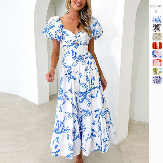 lovwvol summer outfits inspo Spring and Summer New Elegant Slim Print Puff Sleeve Large Swing High-End Dress Women