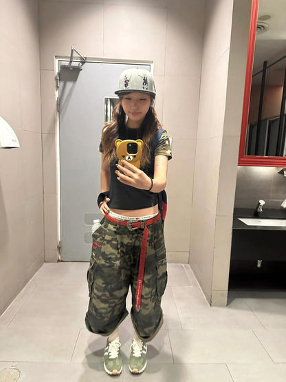 lovwvol grunge dti Plus Size Retro High Street Camouflage Workwear Cropped Jeans Women's mm Casual All-Match Loose Wide-Leg Pants