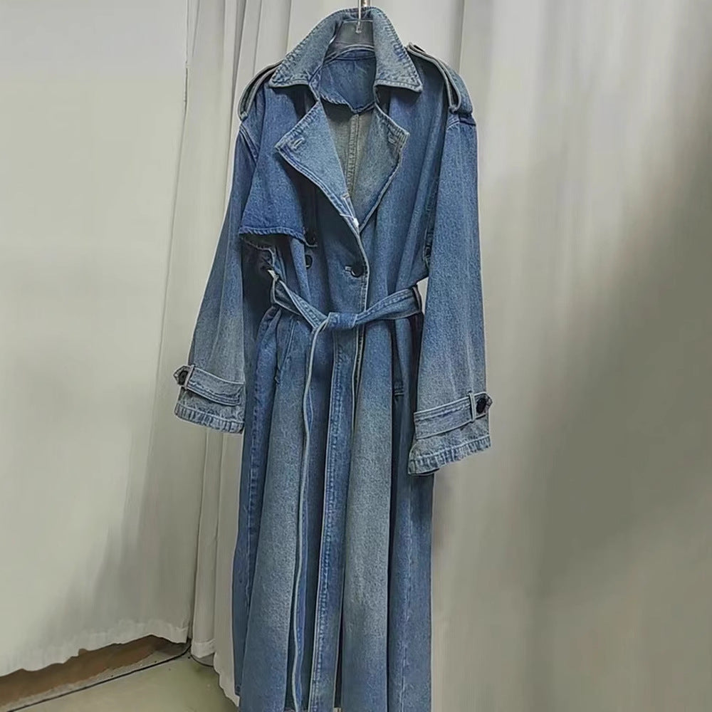 lovwvol outfit inspo European Wash Blue Denim Long Trench Coat Women's Autumn Elegant High-Grade Retro Casual Double Breasted Denim Overcoat