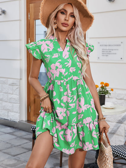 New Popular trade 2025 women's clothing popular spring and summer new lotus leaf sleeve V-neck loose waist printed dress