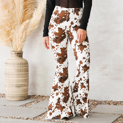 2025 Factory direct sales  new  women's jeans white background printing brown high-waisted flared pants spot wholesale