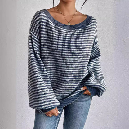 lovwvol fall sweater Off-Neck Sweater Versatile Loose Contrast Color Striped Lantern Sleeve Lazy Style Sweater for Women