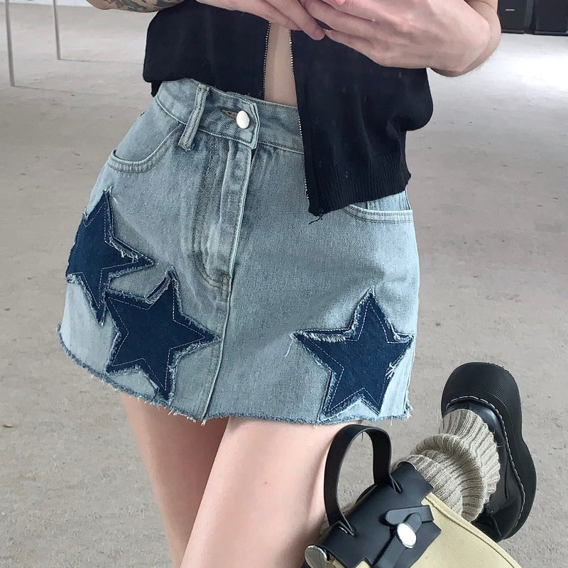 lovwvol y2k American Style Large Skirt Retro Star a Skirt Summer Hot Girl Design High Waist Slimming Denim Skirt