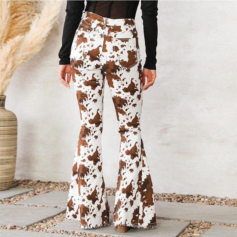 2025 Factory direct sales  new  women's jeans white background printing brown high-waisted flared pants spot wholesale