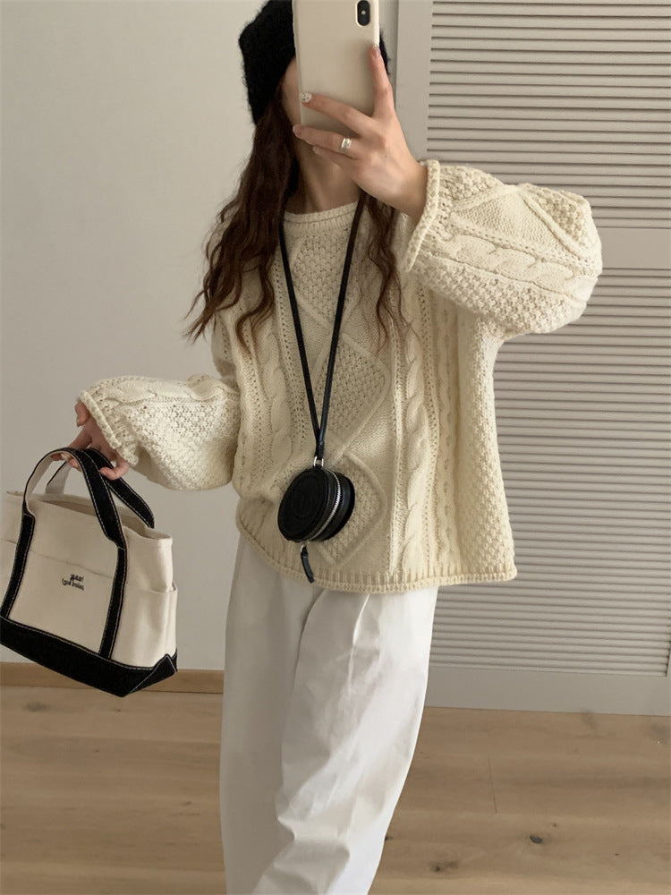 lovwvol outfit inspo Yishi Korean Style Retro Winter New Hemming Knitted Women's round Neck Twist Loose Lazy Style Pullover Sweater