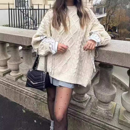 lovwvol mini skirt fall outfit New Knitwear Loose round Neck Lazy Twist Sweater Women's Autumn and Winter Fake Two Pieces Comfortable Warm