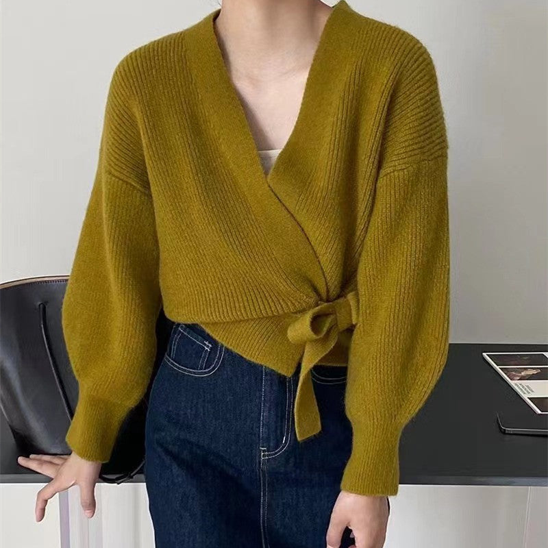 lovwvol teacher outfits Knitwear Bow Strap V-neck Women's High Waist Cardigan Sweater Women's Coat Outer Top French Style