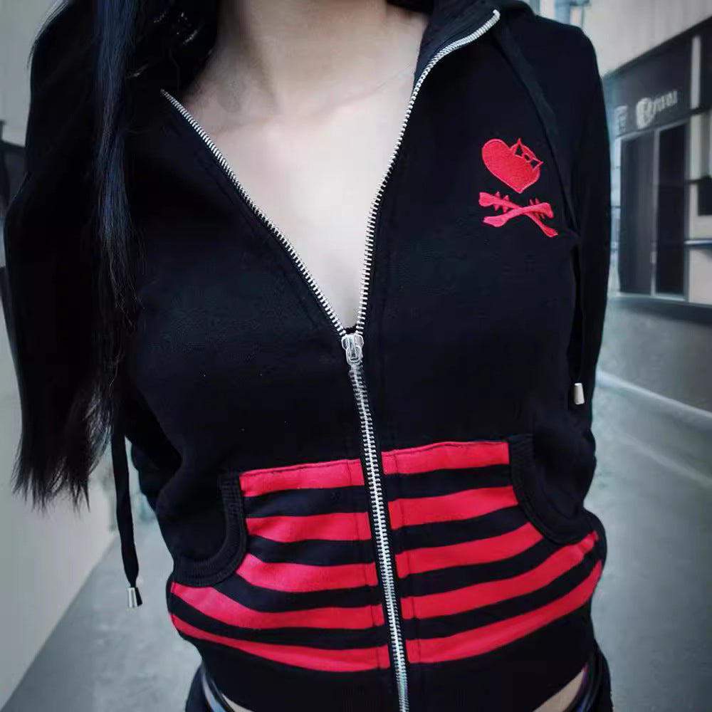 lovwvol y2k Embroidered Skull Long Sleeve Zipper Hooded Sweater Hip Hop Street Women's Loose Slim Cardigan Jacket