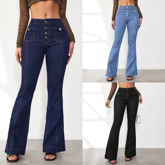 2025 New  spring new breasted slim-fitting jeans women's high-waisted splicing trousers in stock