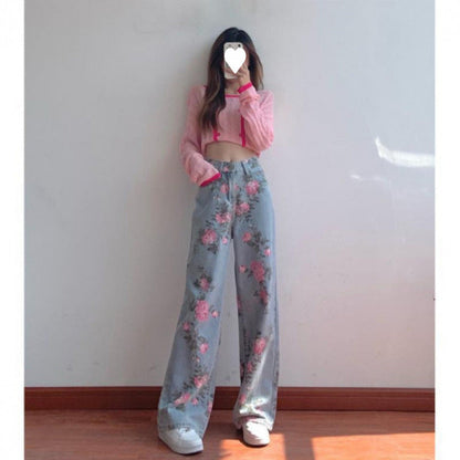 lovwvol summer fits Sweet Retro Jeans for Women Autumn New Niche Loose High Waist Slimming Hot Girl Straight Wide Leg Pants