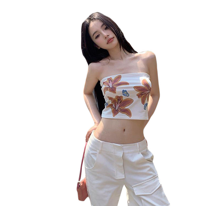 lovwvol men’s fashion Style Summer New Women's Street Fashion Flower Print Sexy Navel Wrapped Chest