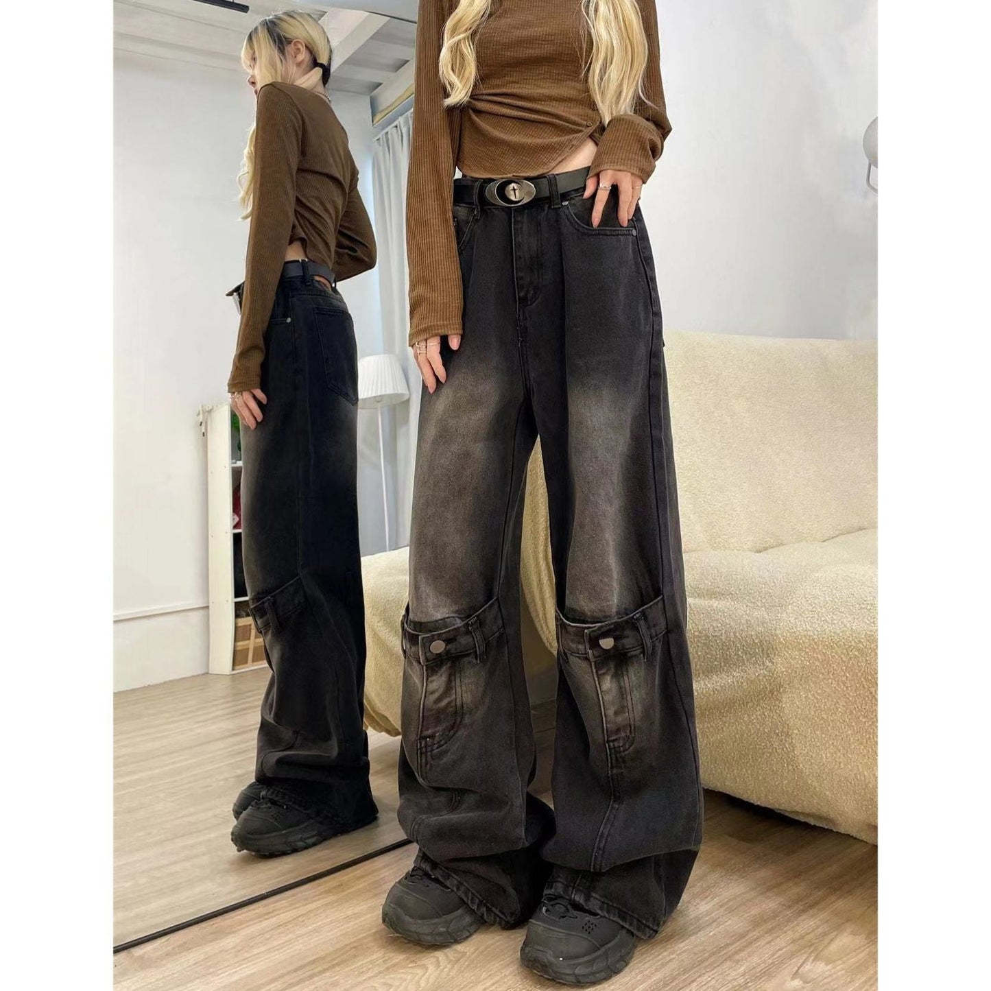 lovwvol grunge dti American-Style Retro Black Stitching Ripped Jeans Women's High Street Loose Straight Wide-Leg Mopping Pants