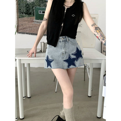 lovwvol y2k American Style Large Skirt Retro Star a Skirt Summer Hot Girl Design High Waist Slimming Denim Skirt