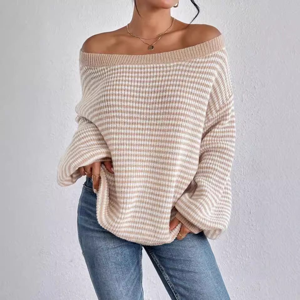 lovwvol fall sweater Off-Neck Sweater Versatile Loose Contrast Color Striped Lantern Sleeve Lazy Style Sweater for Women