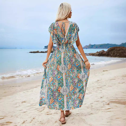 Popular trade women's clothing popular summer V-neck backless cotton printed lotus leaf edge short-sleeved split beach dress