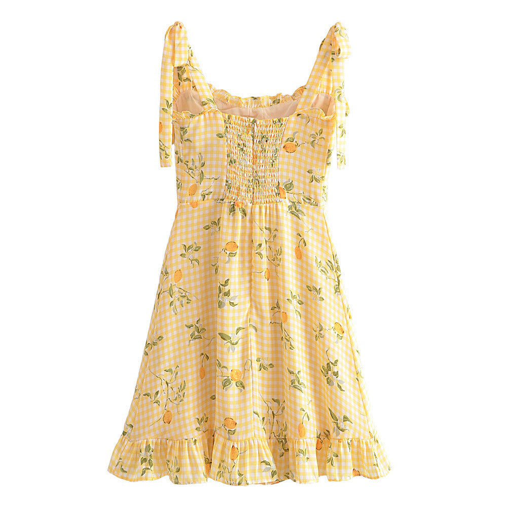 lovwvol summer outfits inspo Niche Summer New Slim Fit Slimming French Retro Plaid Lemon Print Wooden Ear Strap Dress