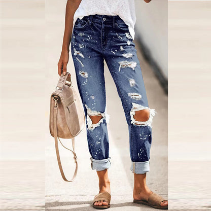 2025 Factory direct sales New   street hipster Popular trade hole straight print denim trousers women