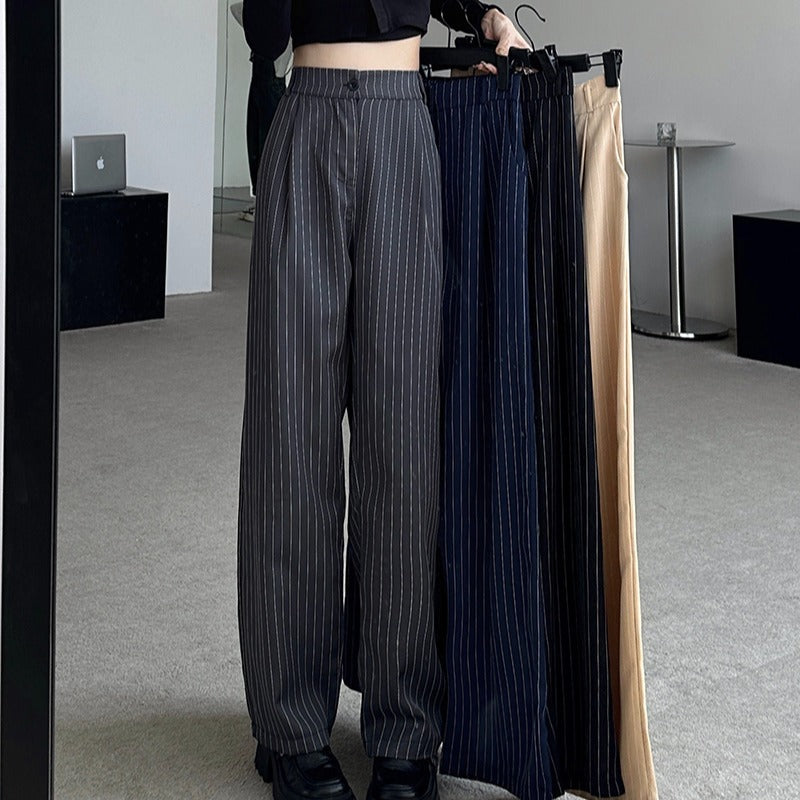 lovwvol frat outfits Navy Blue Striped Wide-Leg Pants for Women Autumn and Winter New Casual Suit Pants Draping Trousers for Women