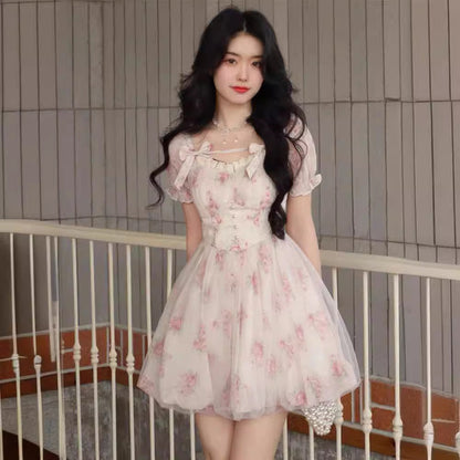 lovwvol outfit inspo Sweet Taro Cheese Pink Floral Skirt Sweet Bow Short Sleeve Dress Women's Spring and Summer New Fashion