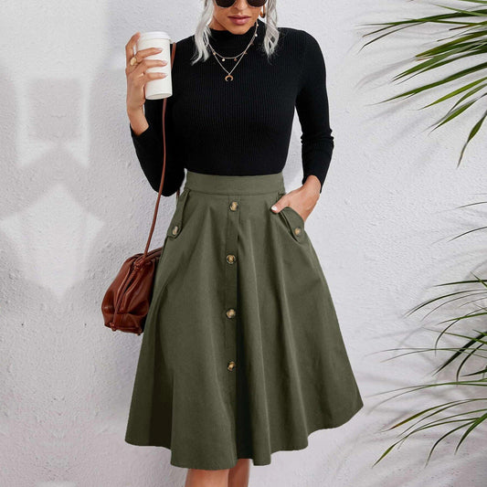 lovwvol work outfits women Women's Pocket Button Waist Elegant Umbrella Skirt French Mid-Length Skirt