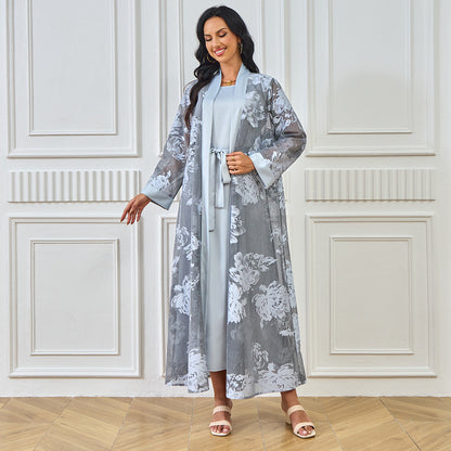 New Middle East New Muslim abaya robe dress floral casual dress cardigan two-piece women's clothing