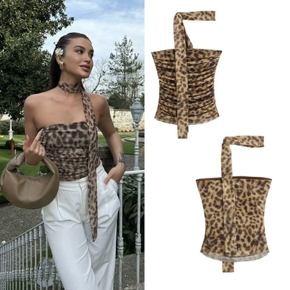 lovwvol halter tops Summer New Leopard Print Sexy Hanging Neck Tube Top Slim Slimming Vest B88703