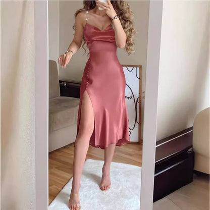 lovwvol hoco dresses Summer New A- line Dress Solid Color Chiffon Pearl Strap Dress Long Dress