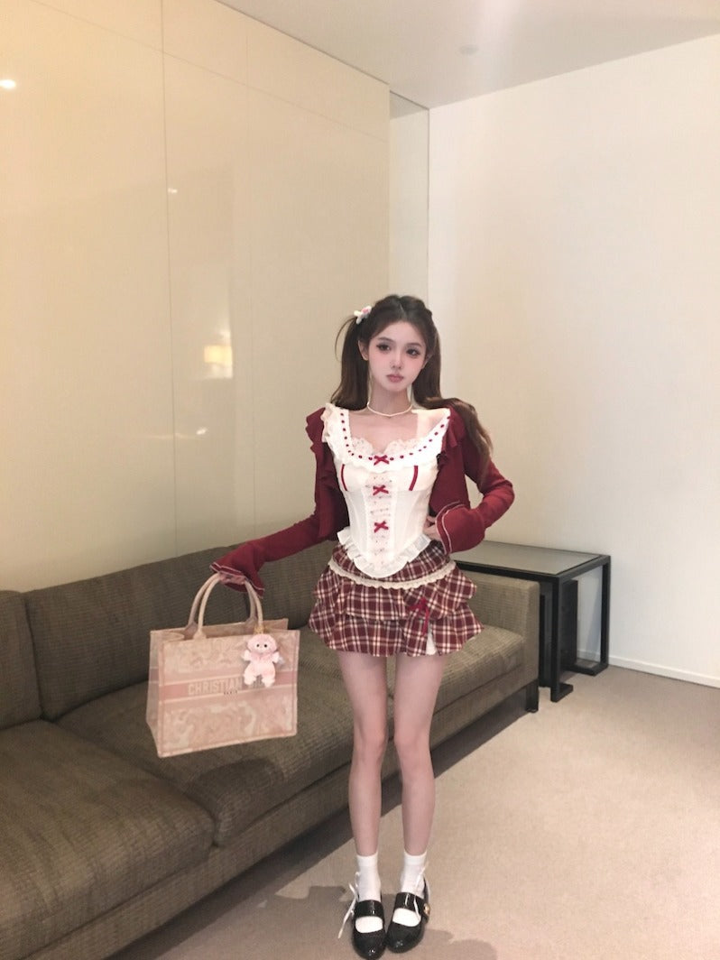 lovwvol harajuku fashion dress to impress Summer New Birthday Wear Suit Women's Cardigan Coat Vest Camisole Top Plaid Skirt Three-Piece Suit