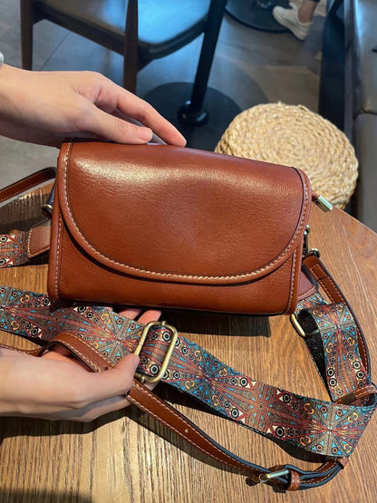 2025 summer new leather oblique span small bag women's casual versatile cover wide shoulder strap shoulder bag cowhide women's bag