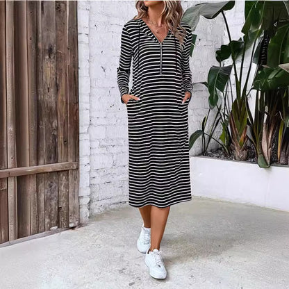 Popular trade  independent station popular 2025 autumn striped hooded slim-fitting fashion long-sleeved dress women