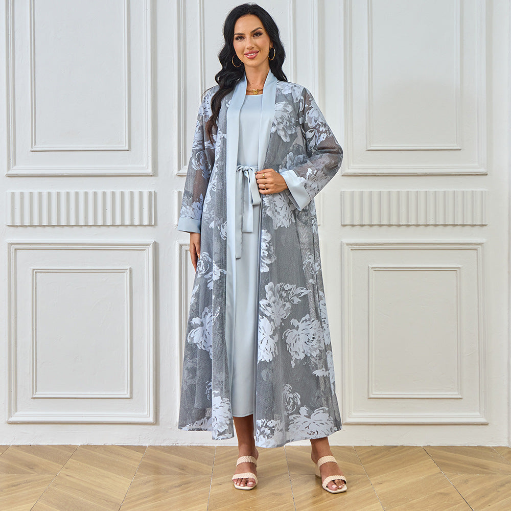 New Middle East New Muslim abaya robe dress floral casual dress cardigan two-piece women's clothing