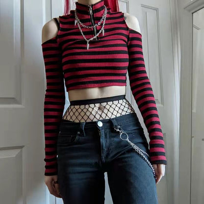 lovwvol y2k outfits Contrast Color Striped off-the-Shoulder Slim-Fit Short Knitted Long-Sleeved T-shirt Top Spring New