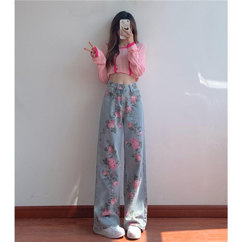 lovwvol summer fits Sweet Retro Jeans for Women Autumn New Niche Loose High Waist Slimming Hot Girl Straight Wide Leg Pants