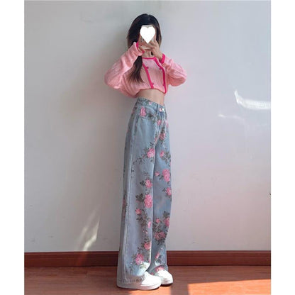 lovwvol summer fits Sweet Retro Jeans for Women Autumn New Niche Loose High Waist Slimming Hot Girl Straight Wide Leg Pants