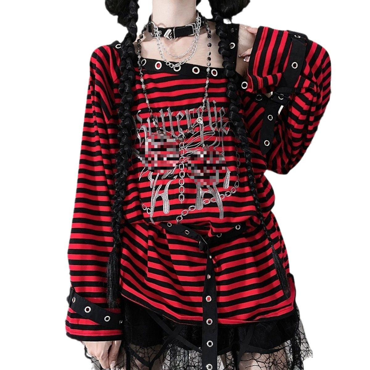 lovwvol y2k Rabbit Assassin Virtual Butterfly Asian Culture Hot Girl Punk Loose off-Shoulder Embroidered Black and Red Striped Early Autumn Long-Sleeved Top