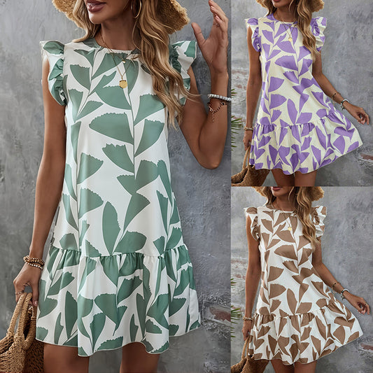 Popular trade 2025 women's clothing popular summer lotus leaf sleeves loose round neck printed short skirt temperament elegant dress