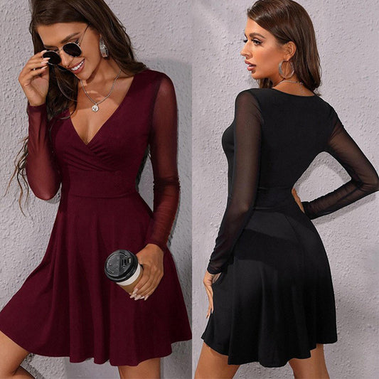 2025 New Popular trade  popular summer sexy slim mesh long-sleeved dress elegant little dress women