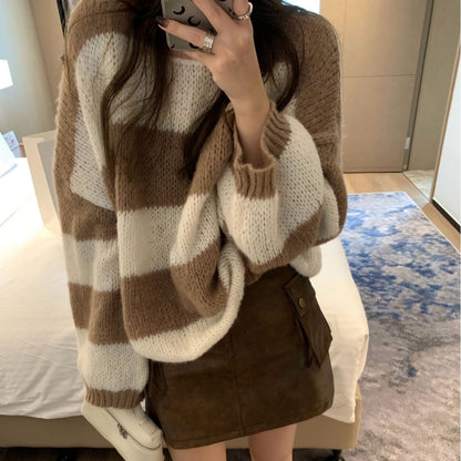 lovwvol fall sweater Lazy Thick Striped Loose plus Size Pullover Sweater Lantern Sleeve Pullover Women's Autumn and Winter New G9