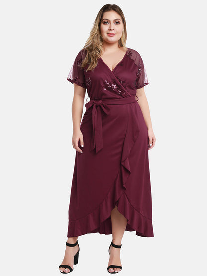 V Neck Ruffle Belted Maxi Dress