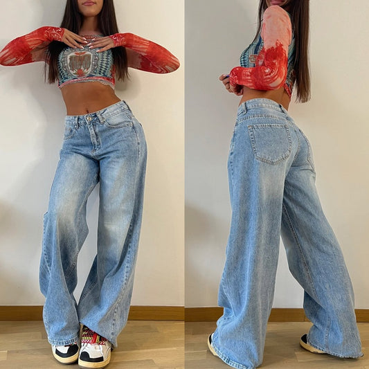 2025 New new retro n long wide-leg pants Spice Girl loose jeans women's high-waisted straight pants