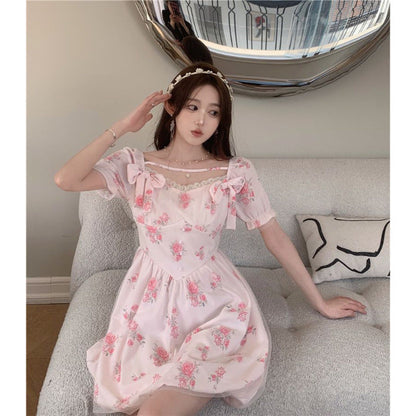 lovwvol outfit inspo Sweet Taro Cheese Pink Floral Skirt Sweet Bow Short Sleeve Dress Women's Spring and Summer New Fashion