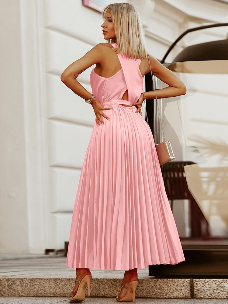 Pleated Halter Belt Maxi Dress