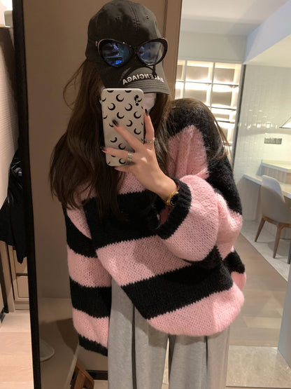 lovwvol fall sweater Lazy Thick Striped Loose plus Size Pullover Sweater Lantern Sleeve Pullover Women's Autumn and Winter New G9