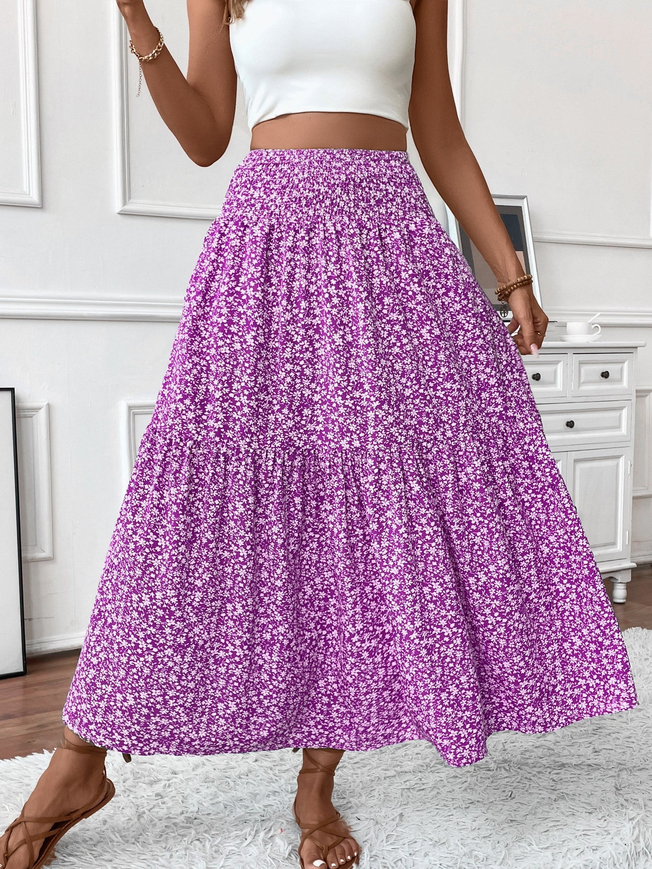 lovwvol summer outfits inspo Small Floral Three-Layer Stitching Long Skirt High-Grade Women's A- line Skirt