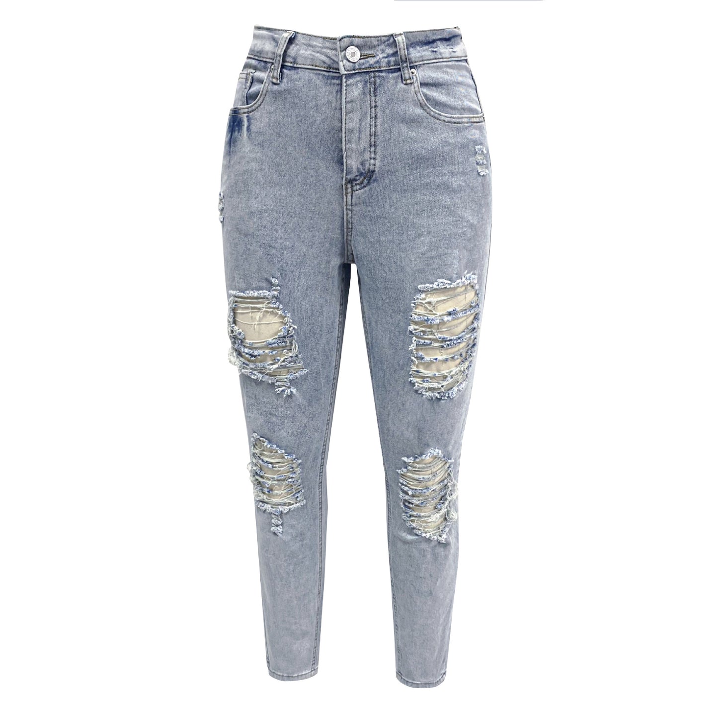 2025 Cross-border washed  women's elastic jeans  new spot light-colored ripped casual trousers